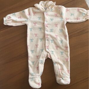 White Baby Velvet One-Piece Onesie with Pink Blue Bows